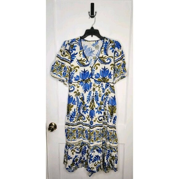 Anthropologie Fig And Flower Boho Woven Dress 3/4 Sleeve Sz M Floral Linen New - Picture 1 of 6